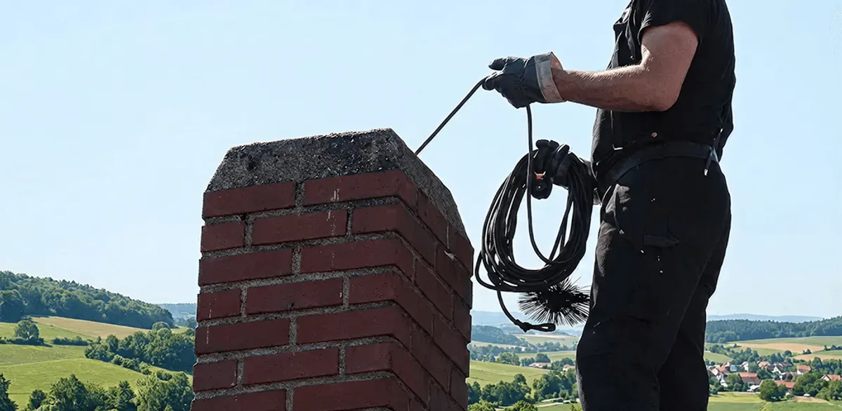 Chimney sweep inspecting and cleaning a rooftop chimney in Naperville, IL
