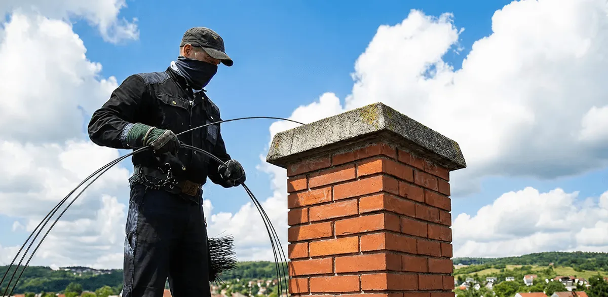 Chimney sweep cleaning a brick chimney with professional tools in Naperville, IL